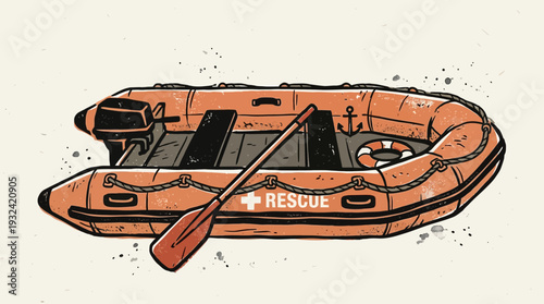 Orange rescue boat with paddle and life preserver