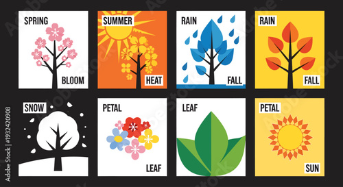 Four seasons represented with colorful icons and a stark silhouette