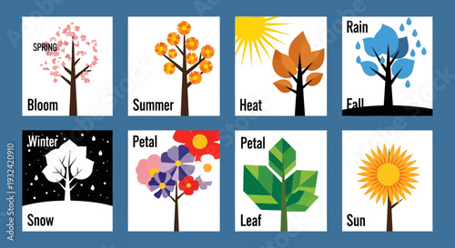 Four seasons depicted with trees and weather a graphic silhouette