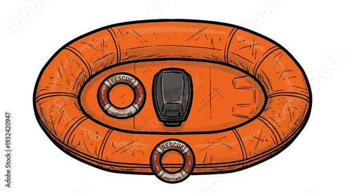 Orange life raft with rescue rings and central seat