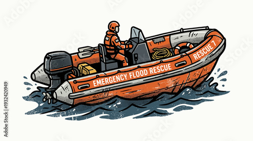 Orange rescue boat with rescuer on water, emergency flood rescue illustration