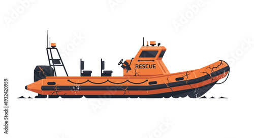 Orange rigid inflatable rescue boat on water, graphic illustration