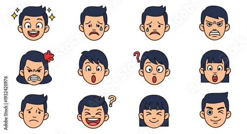 Diverse collection of cartoon faces expressing various human emotions and feelings.