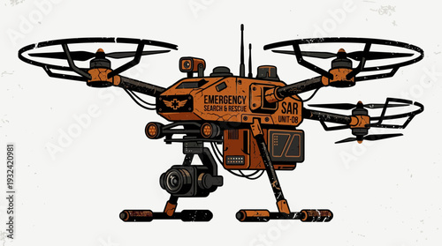 Orange SAR drone with camera and emergency markings