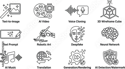 Artificial Intelligence Icon Set: AI Video, Deepfake, Neural Network, and Robotic Art Symbols