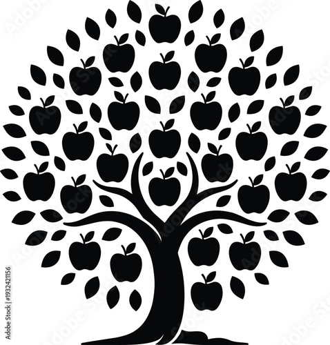 Stylized black silhouette illustration of an apple tree with abundant fruit and leaves, symbolizing growth, knowledge, and abundance, perfect for decorative, botanical, or educational design projects.