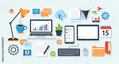 Modern office workspace with laptop, smartphone, and various office supplies.