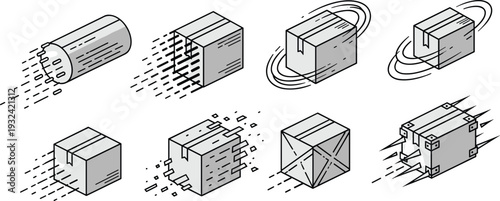 Fast Delivery Parcel and Shipping Box Set with Motion Speed Lines Express Logistics and Moving Package Vector Illustration Collection
