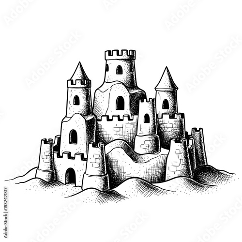Detailed Hand Drawn Sketch of a Large Sand Castle
