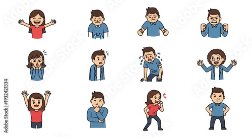 Diverse collection of cartoon characters expressing various emotions and feelings.