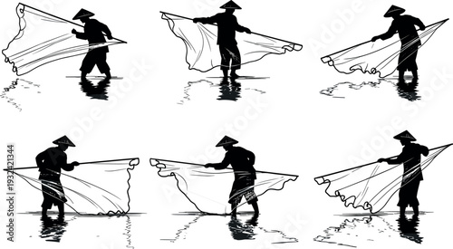 Traditional fisherman casting net silhouette collection standing in water, Asian fishing technique vector set showing rural livelihood, river fishing activity and cultural lifestyle