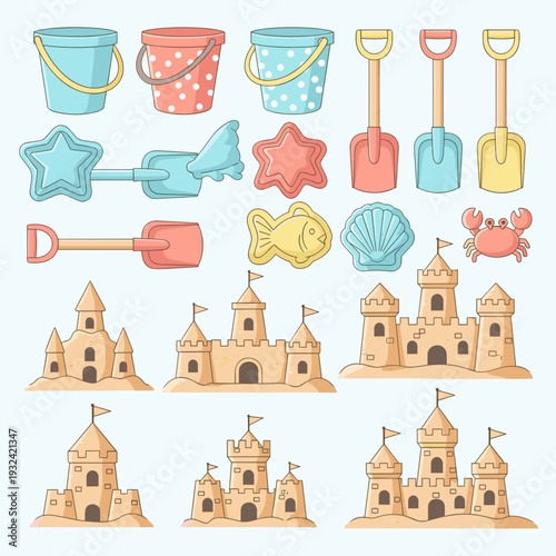 Set of Various Sand Castle Designs and Beach Toys
