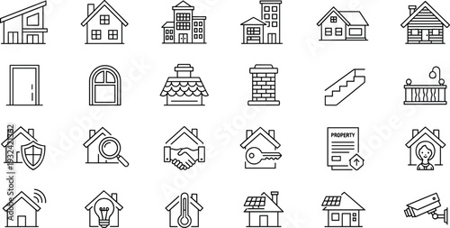 Real Estate and Property Line Icon Set with House Security Mortgage Agreement Construction and Smart Home Symbols Vector Illustration