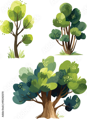 Stylized green trees and bushes collection in flat illustration style, natural forest plants isolated on white background for landscape, ecology and nature design projects