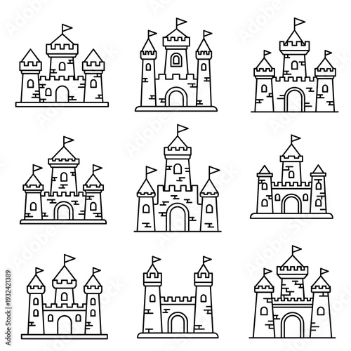 Collection of Simple Black and White Castle Line Drawings