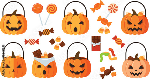 Halloween Pumpkin Candy Bucket Collection with Jack O Lantern Faces Sweets Chocolate and Trick or Treat Vector Illustration Set