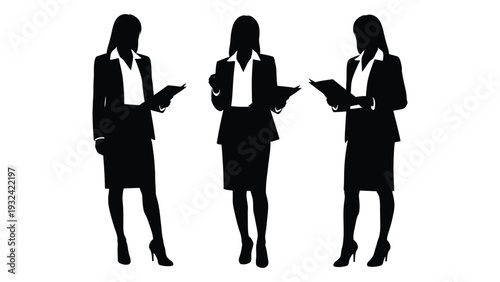 Three businesswomen in silhouette examining documents with professional attire high quality