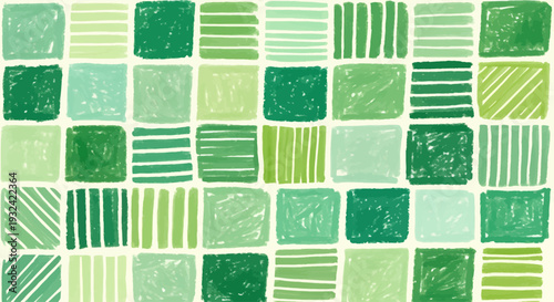 Abstract green squares with varying textures a painted silhouette