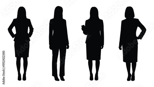 Silhouettes of four businesswomen in professional attire facing forward high quality