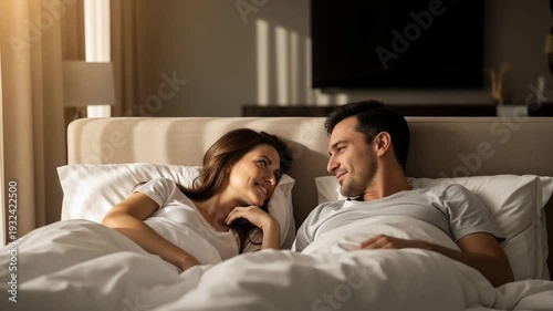 Couple lying in bed and smiling at each other in morning light  
