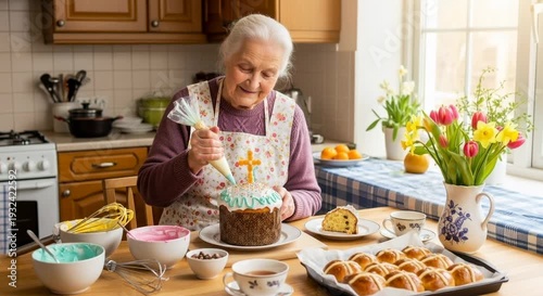 Elderly woman decorating a Easter cake in a cozy kitchen  