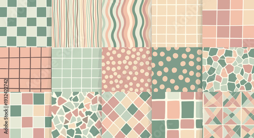 Assorted tile patterns in pastel shades a decorative background silhouette