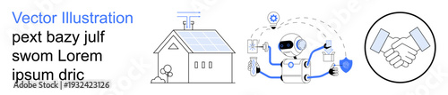 Smart homes, renewable energy, artificial intelligence, business agreements, innovation, sustainable tech. A solar-powered house, AI robot handshake icon. Renewable energy and AI technology concept