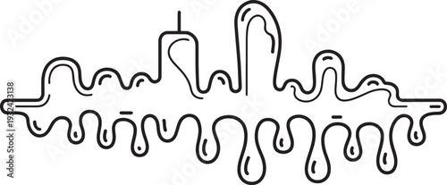 Abstract melting city skyline icon with liquid drips and organic flowing building shapes design