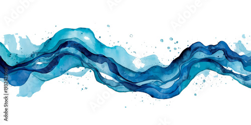 Isolated blue water splash and flowing liquid wave with transparent bubbles and fresh ripples on a clean white surface in a clear macro motion
