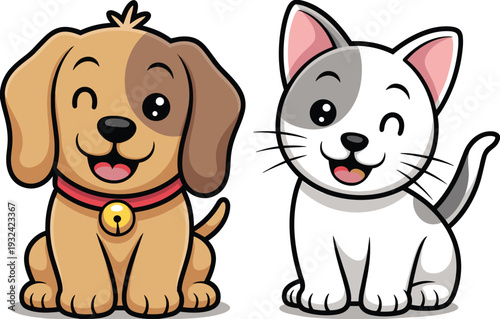 Cute cartoon dog and kitten sitting together, winking and smiling, friendly domestic pets illustration for children, animal friendship, and veterinary mascot