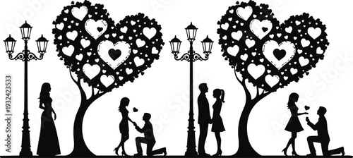 Romantic silhouette of couples under heart shaped trees, marriage proposal scene with street lamps, love and engagement concept for Valentine Day