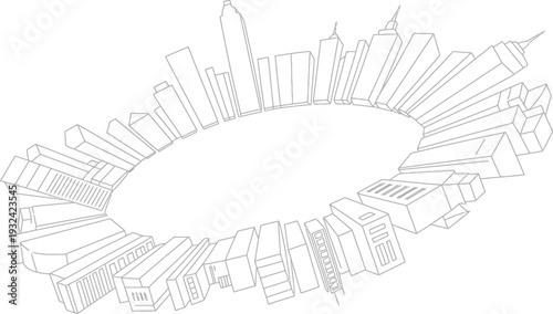 Curved array of stylized white buildings forming cityscape on transparent background