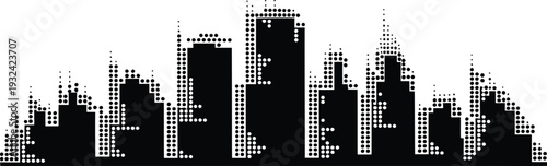 Halftone dotted city skyline silhouette vector graphic with retro pop art urban atmosphere