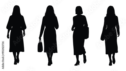 Four silhouetted women walking forward each with unique hairstyles and attire