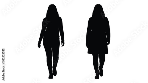 Two full body silhouettes of women walking isolated on a white background