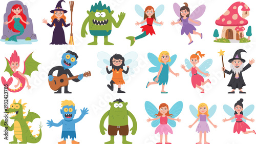 Set of cute fairytale characters, cartoon fantasy creatures, magical fairies, wizards, mermaids and trolls, flat vector illustrations for kids, isolated stickers.