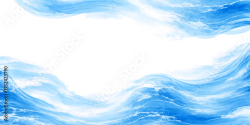 A serene landscape of bright blue sky and rolling ocean waves reflects sunlight against a summer horizon where white clouds meet the abstract beauty of nature's reflection in the water