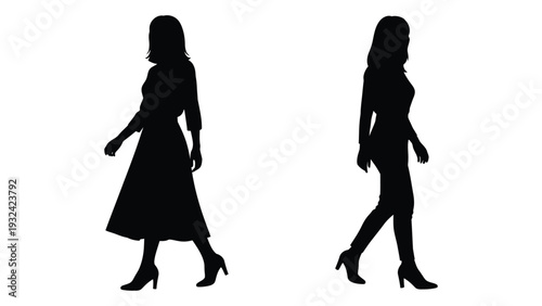Silhouettes of two women walking one in a dress and the other in pants