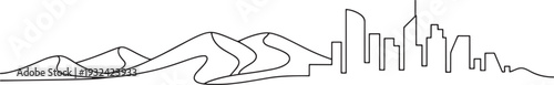 Single continuous line drawing of desert sand dunes transitioning into modern city skyline art