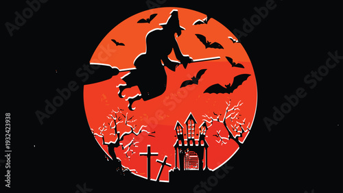 Spooky Halloween silhouette with witch flying on broomstick, bats, haunted house, and graveyard against large orange moon for October holiday decor