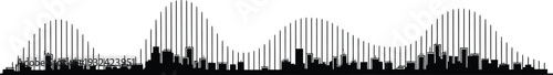 Silhouette of urban city skyline combined with digital sound wave bars on transparent grid art