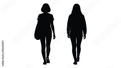 Two women depicted as silhouettes walking forward against a white background