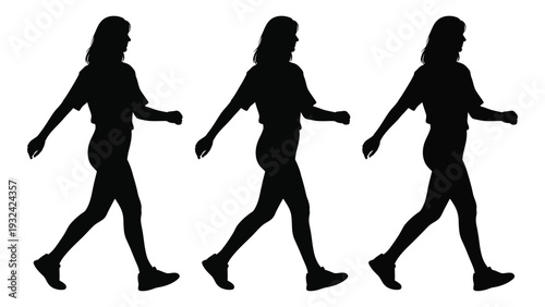 Three identical silhouettes of a woman walking depicted in varying stages of stride