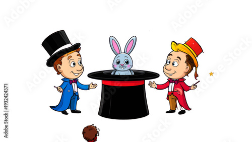 Cartoon magicians performing magic trick, rabbit in hat, stage show, fantasy, imagination, colorful illustration, childhood entertainment, comic style, performance