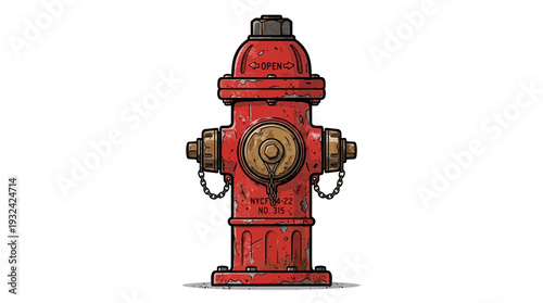 Red Fire Hydrant Illustration with Brass Accents on White Background
