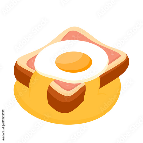 Egg Toast with Crispy Bacon Slices, Melted Cheddar Cheese, and Sunny Side Up Egg on Golden Brown Toast Bread Illustration
