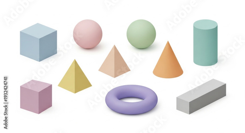 Collection of various colorful geometric shapes in a minimalist style, isolated on white.