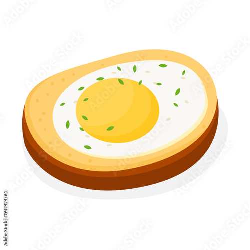 Breakfast Illustration of Toast with Eggs Featuring a Golden Glossy Yolk, Crispy Brown Bread Crust, a Sprinkle of Green Spices, and a Plain White Background