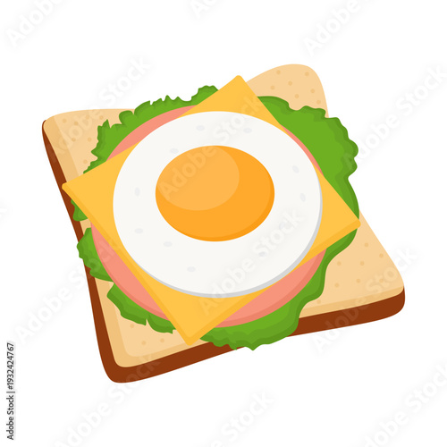 Ham and Cheese Egg Toast Illustration Featuring Golden Sunny Side Up Egg, Melted Cheddar Slice, Savory Ham Layer, Fresh Green Lettuce and Crispy Toast Bread Layers