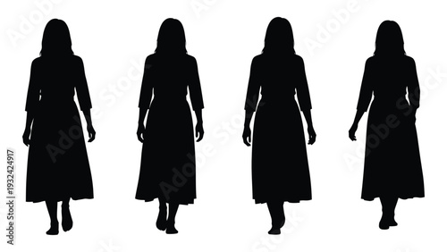 Four identical silhouettes of women walking forward in a row